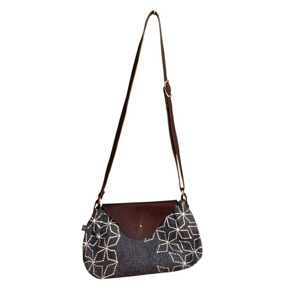 Handcrafted Crossbody Denim & Leather Shoulder Bag With Floral Faux Embroidery P - Picture 1 of 10